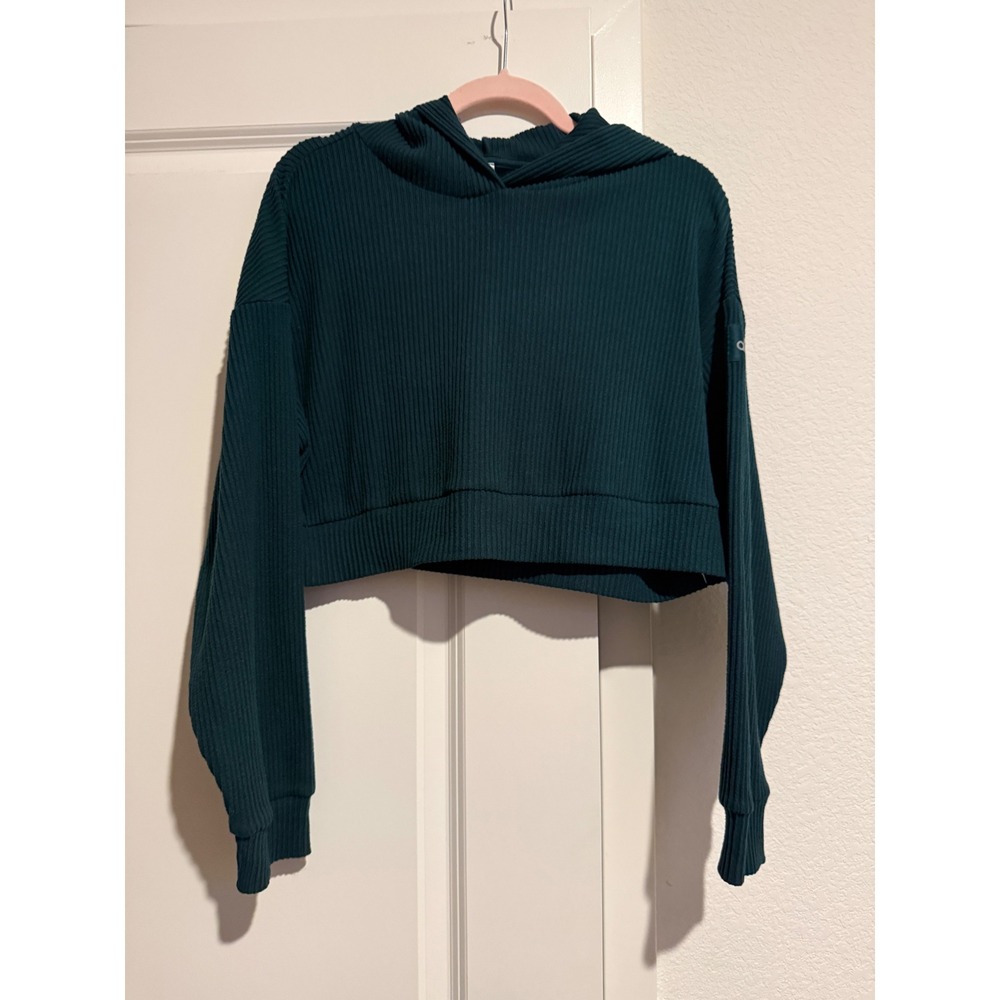 Alo Yoga Muse Ribbed Cropped Hoodie Dark Green Emerald Small